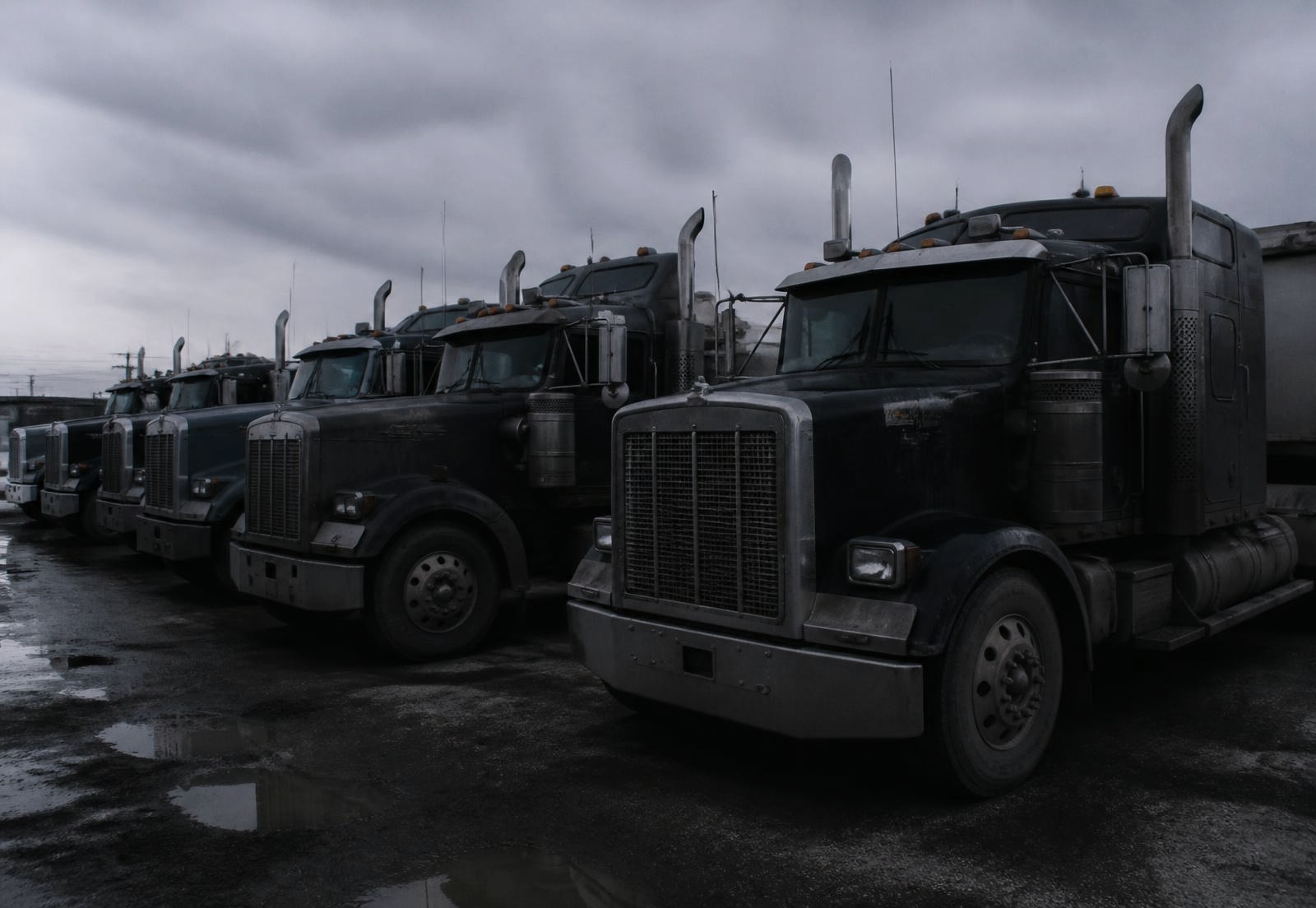 Heavy-duty commercial semi truck at a Calgary yard at dusk