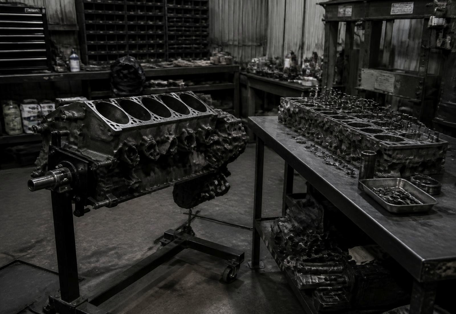 Heavy-duty diesel engine rebuild shop interior with engine stands
