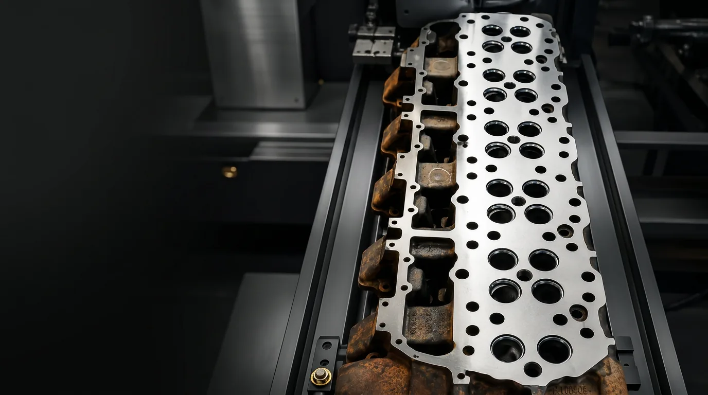 Freshly resurfaced heavy-duty diesel cylinder head clamped on a milling machine table